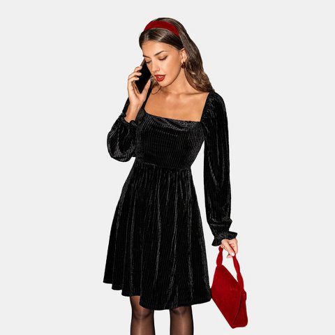 Женские платья Cupshe Women's Black Elegant Velvet Swing Dress for Holiday Glam-S-Black