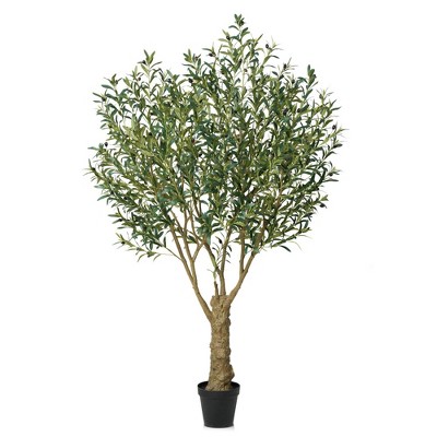 DR.Planzen 7FT Artificial Olive Tree with Thick Stump - UV Resistant Faux Plant for Indoor/Outdoor, Black Pot & Realistic Green Leaves