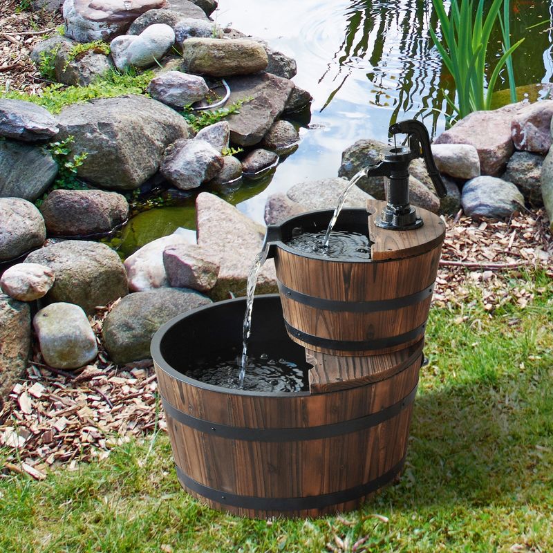 Outsunny Wood Freestanding Fountain with 2 Tier Waterfall Barrel, Electric Pump for Garden Decor, Lawn, Backyard, 3 of 7