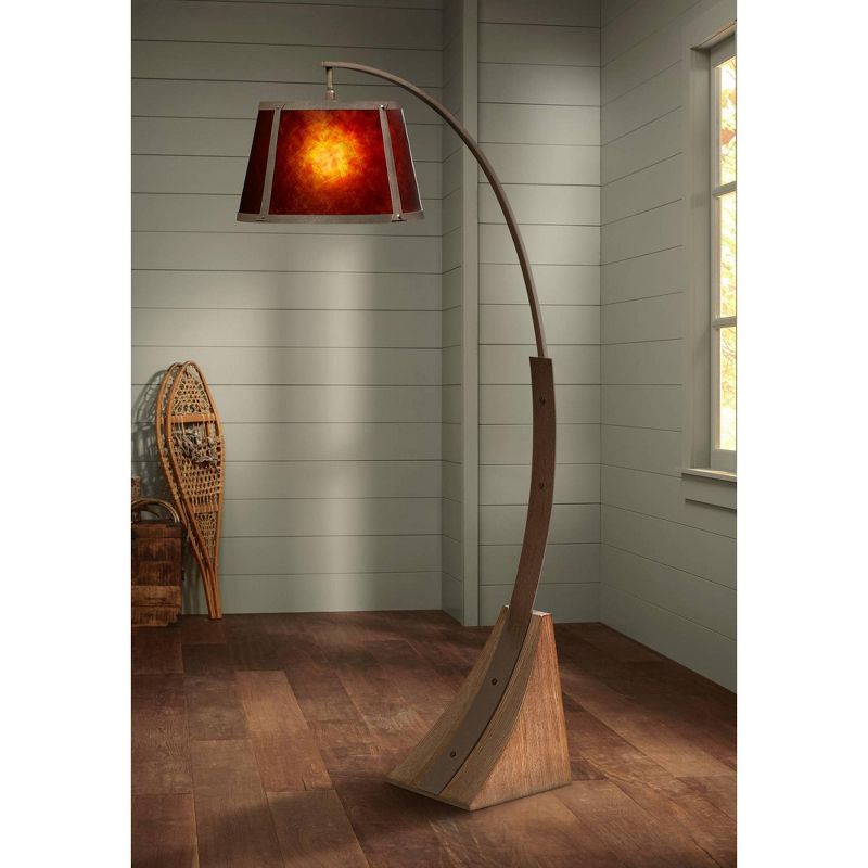 Franklin Iron Works Oak River Rustic Mission Arc Floor Lamp 66 1/2" Tall Dark Rust Wood Amber Mica Drum Shade for Living Room Reading Bedroom Office, 2 of 8