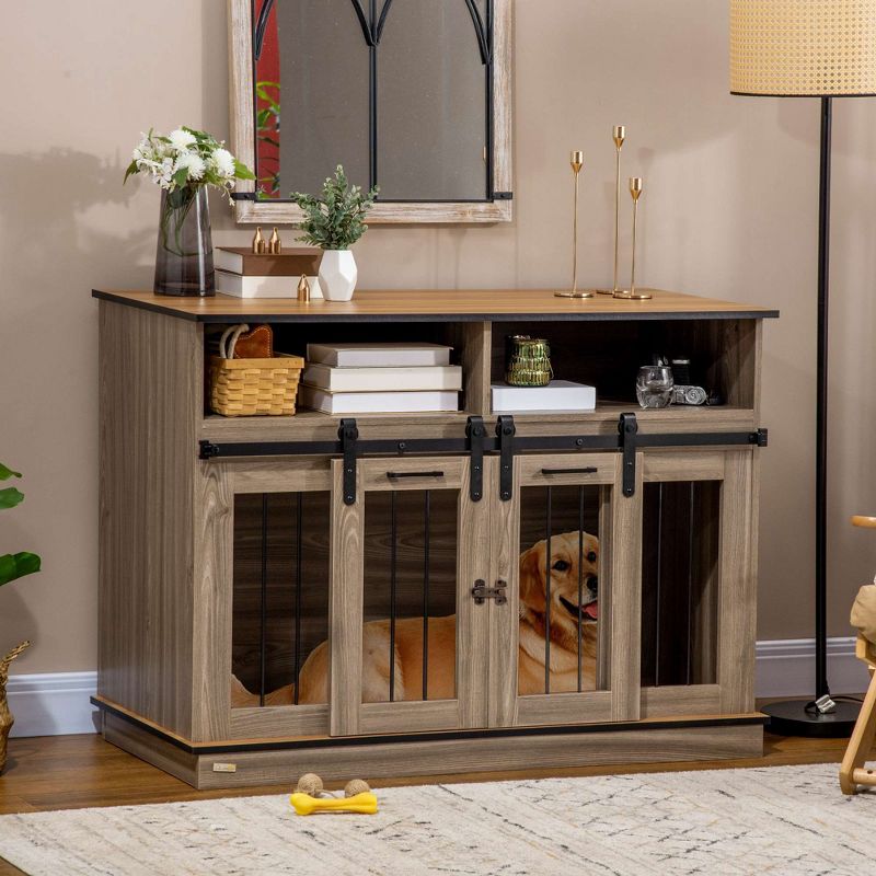 PawHut Dog Crate Furniture for Large Dogs, Double Dog Kennel for Small Dogs with Shelves, Sliding Doors, 4 of 10