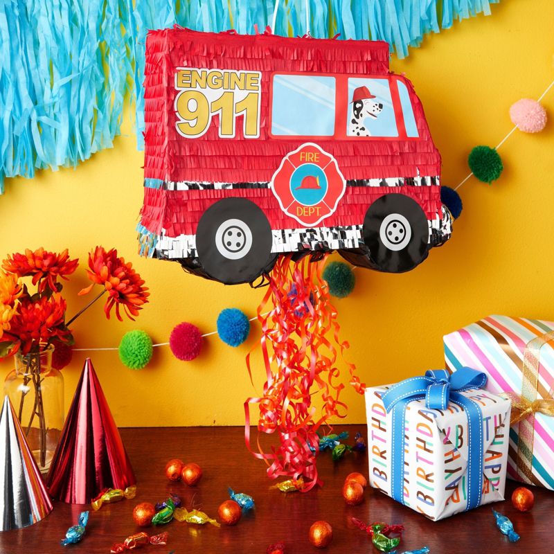 Blue Panda Small Pull String Fire Truck Pinata for Birthday Party Decorations, Firefighter Party Supplies, 16 x 12.3 x 3 In, 3 of 9