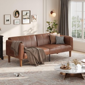 75" Futon Sofa Bed, Convertible Sleeper, Faux Leather Small Couch, Loveseat, Mid-Century Modern Couch for Living Room, Bedroom, Brown - 1 of 4