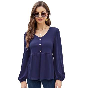 Women’s Casual Puff Lantern Long Sleeve Tunic Tops Henley V Neck Button Shirt Peplum Ruffle Blouse