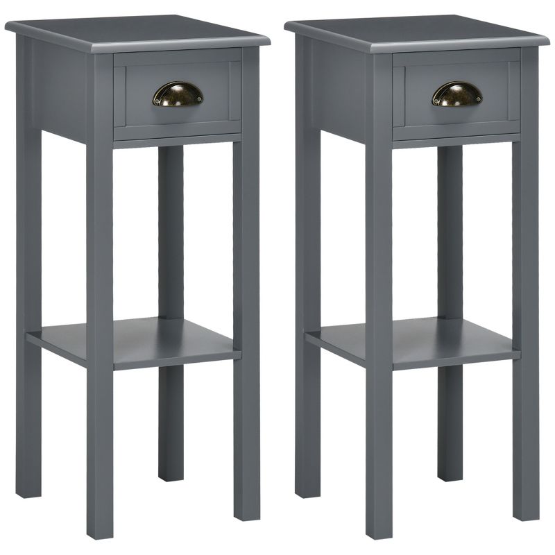 HOMCOM 2-Tier Side Table with Drawer, Narrow End Table with Bottom Shelf, for Living Room or Bedroom, Set of 2, Gray, 1 of 7