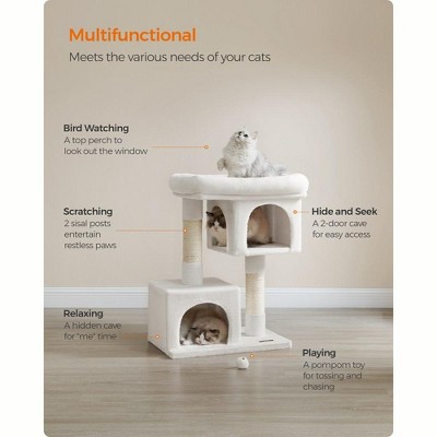 Large Cream White Sisal Cat Tree Tower with Dual Caves
