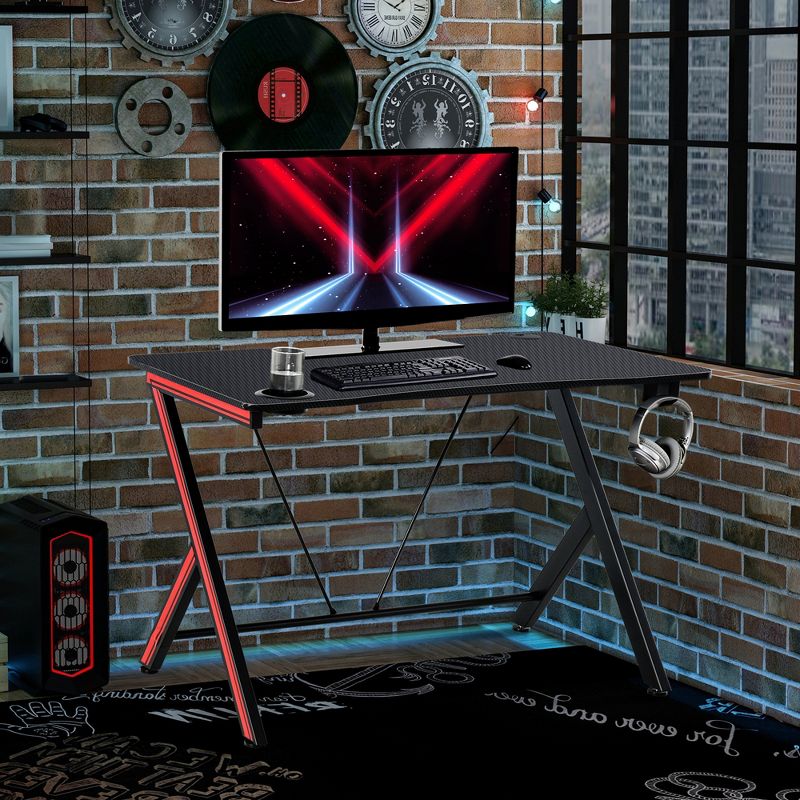 HOMCOM Gaming Computer Desk, Home Office Gamer Table Workstation with Cup Holder, Headphone Hook, Cable Management, Carbon Fiber Surface, 2 of 9