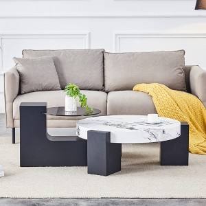 Round Nesting Coffee Table Cocktail Table Center Table End Table SIde Table with Transparent Glass Top and L-Shaped Legs, White/Brown+Black-ModernLuxe - 1 of 4