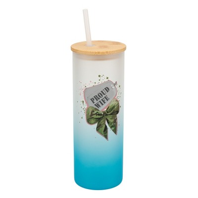 Elanze Designs 25 Ounce Frosted Glass Gradient Travel Tumbler With Straw and Wooden Lid, Proud Wife Military Bow Sky Blue