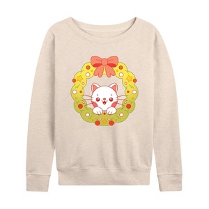 Women's - Instant Message - Chibi Cat Christmas Wreath Lightweight French Terry Wide Neck Long Sleeve Shirt - 1 of 4