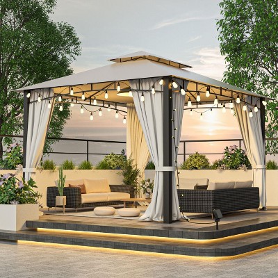 Yammi 10x12' Softtop Metal Grill Patio Gazebo with Curtain, Canopy Tent with Mosquito Net, Outdoor Furniture - Maison Boucle