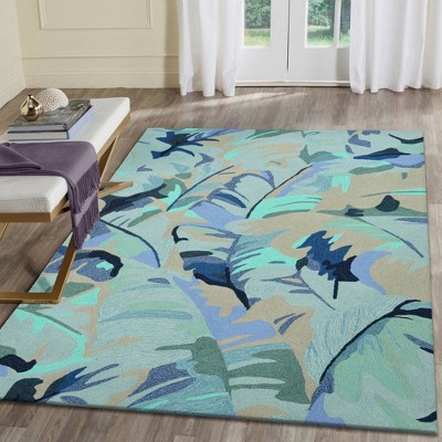 Hand-Tufted Round Blue Palm Leaf Synthetic Rug 2' x 3'