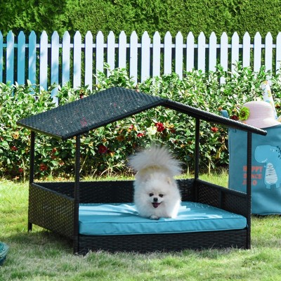 Medium Brown Wicker Elevated Outdoor Dog Bed with Blue Cushion