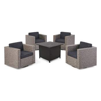 Puerta 5pc Outdoor 4 Seater Wicker Swivel Chair & Fire Pit Set - Black/Dark Gray - Christopher Knight Home