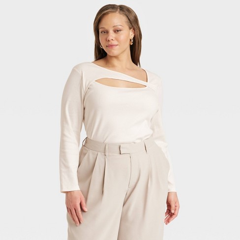 Women's Long Sleeve Ruched Slim Fit Bodysuit - A New Day™ Cream 4x : Target