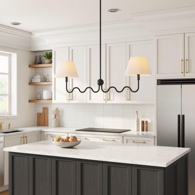 Satin Black Glass 2-Arm Pendant Light with Pleated Shades