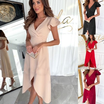 Coolmee Women's V-Neck Lotus Sleeve Belted Waist Irregular Skirt MIDI Flowing Short Sleeve Casual Dress