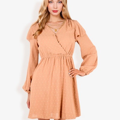 Anna-Kaci Women's Long Sleeve V-Neck Polka Dot A-Line Dress With Ruffle Shoulders
