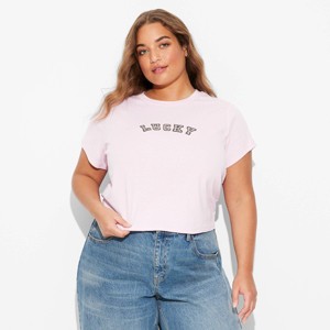 Women's "Lucky" Short Sleeve Graphic Baby T-Shirt - Pink - 1 of 3