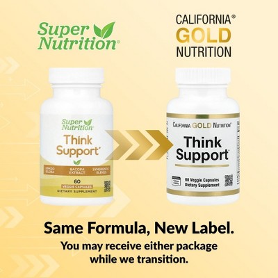 California Gold Nutrition Think Support, with Ginkgo Biloba, Skullcap, Gotu Kola, Bacopa and Enzymes, 60 Veggie Capsules