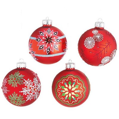 Ganz Set of 4 Dazzling Red Snowflake Design Glass Ball Christmas Ornaments 3" (75mm)