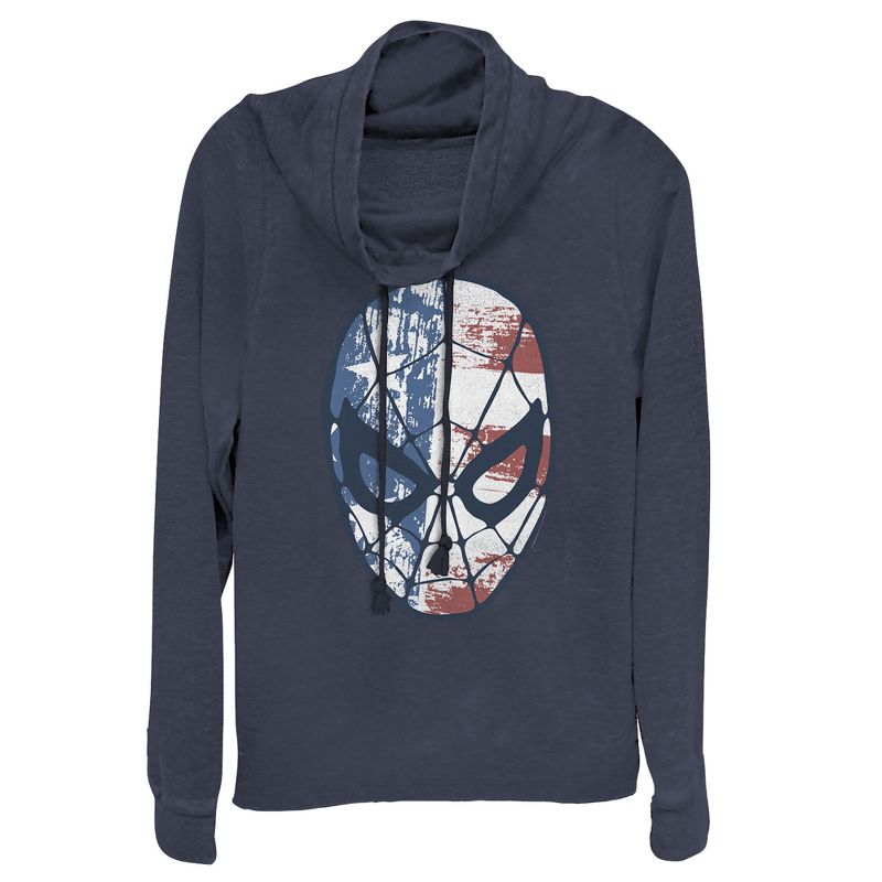 Juniors Womens Marvel Fourth of July  Spider-Man American Flag Mask Cowl Neck Sweatshirt, 1 of 4