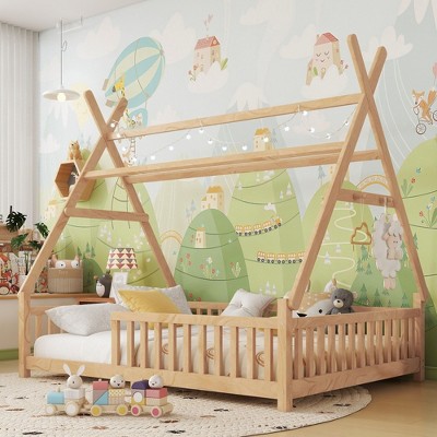 NicBex Twin/Full Size House Floor Bed Frame with Fence & Roof & Lights,Modern Toddler Bed for Bedroom,Kids Room,Playrooms