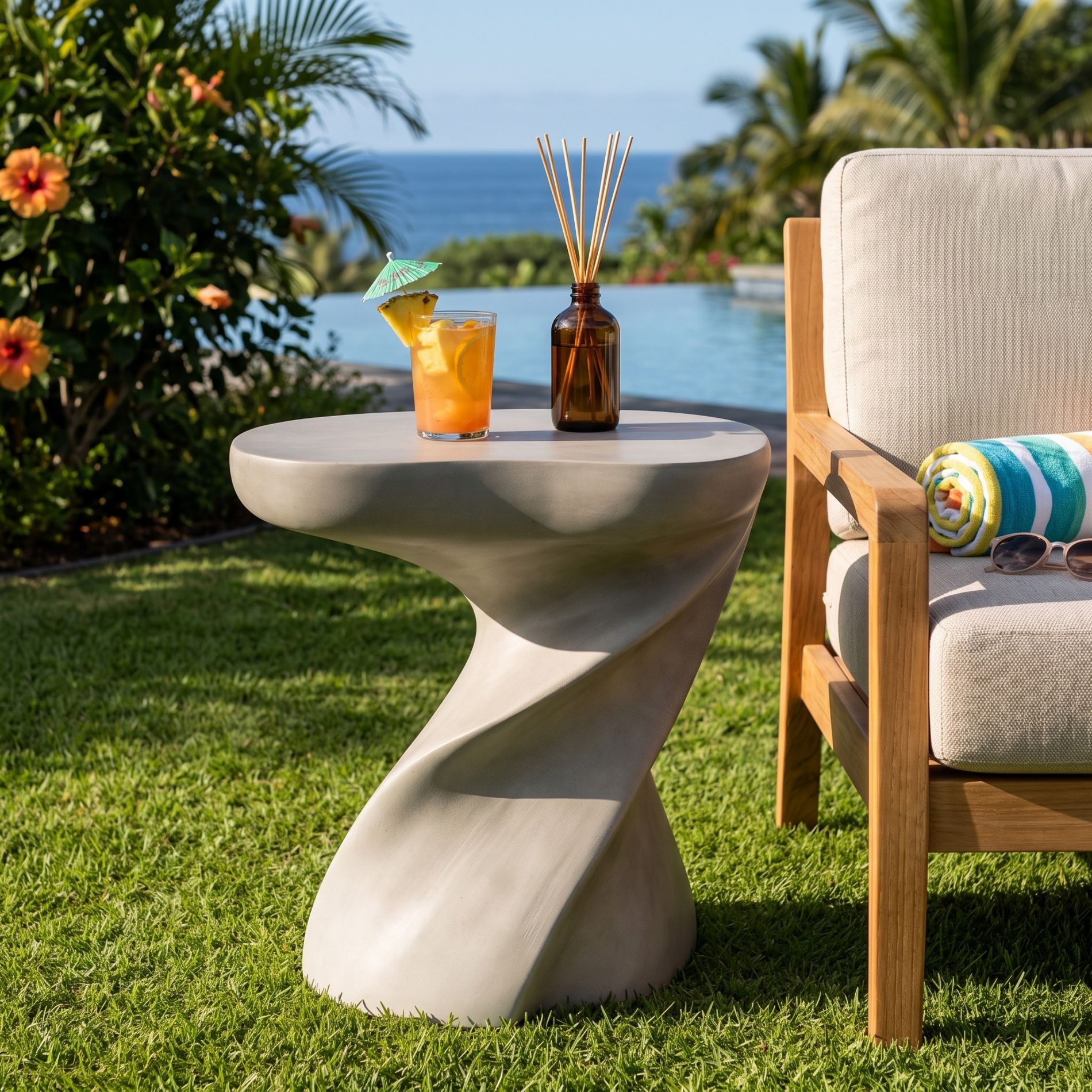 Artistic Twisted Patio End Table Indoor&Outdoor Side Table Weather-Resistant Accent Table, No Assembly, Gray White - ModernLuxe