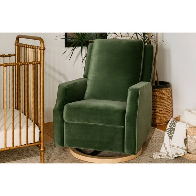 Forest Green Velvet Swivel Recliner with Light Wood Base