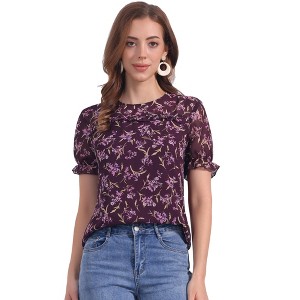 INSPIRE CHIC Women's Chiffon Short Sleeve Ruffled Trim Floral Blouse - 1 of 4