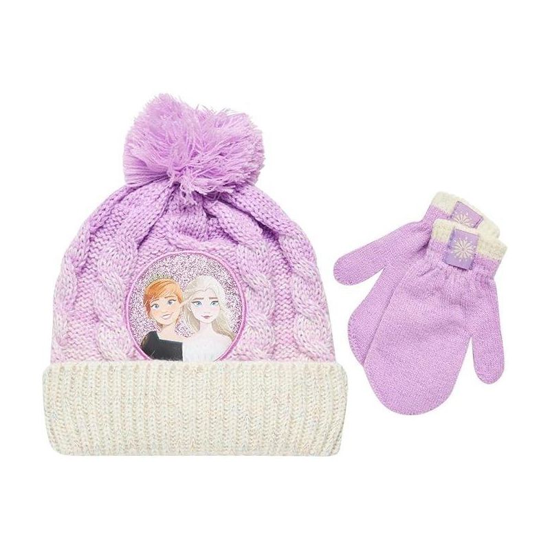 Frozen Elsa and Anna Girls Beanie Hat and Gloves Cold Weather Set (Age 2-7), 1 of 5