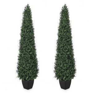 3FT Artificial Boxwood Topiary Trees, Decorative Tree with Black Planter, Faux Shrubs Outdoor, Artificial Plants Outdoor Potted, 2 Pcs - 1 of 4