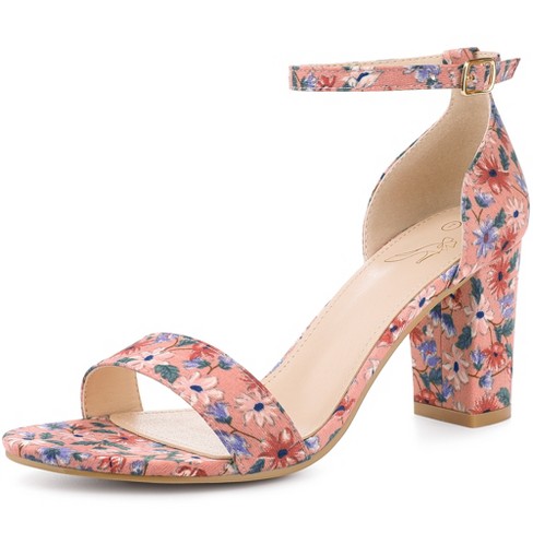 Perphy Women's Floral Printed Open Toe Ankle Strap Chunky Heels Sandals ...