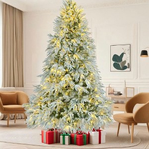 Resenkos 7.5ft Pre-Lit Snow Flocked Spruce Christmas Tree, with 350 Multi-Color LEDs and 1389 Realistic Tips, White - 1 of 4