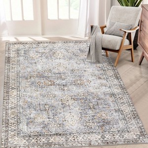 Area Rug Washable Rug Vintage Traditional Mat Distressed Indoor Foldable Accent Rug Floral Non Slip Low Pile Carpet - 1 of 4