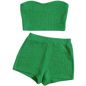 Women's Knitted 2 Piece Outfit Ribbed Crop Top Sleeveless Tube Tops and Track Shorts Set - 1 of 4