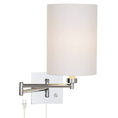 Possini Euro Design Modern Swing Arm Wall Lamp Chrome Plug-In Light Fixture White Cotton Cylinder Shade Bedroom Bedside Reading