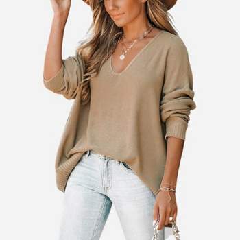Cupshe Cute by My Side V-Neck Oversized Sweater - Light Brown,L