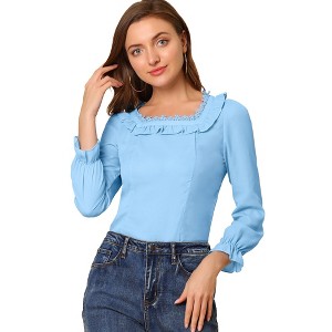 INSPIRE CHIC Women's Square Neck Puff Long Sleeve Ruffled Blouse Top - 1 of 4