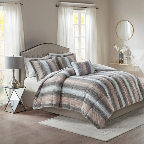 Marselle Full Queen 4pc Faux Fur Comforter Set Blush Gray Target