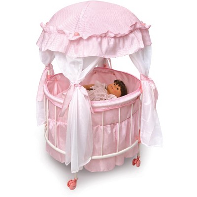 Pink and White Gingham Round Doll Crib with Canopy