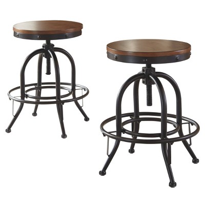 Industrial Brown Wood and Metal Swivel Barstool Set