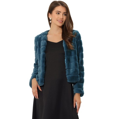 Grey blue faux hotsell fur cropped collarless jacket