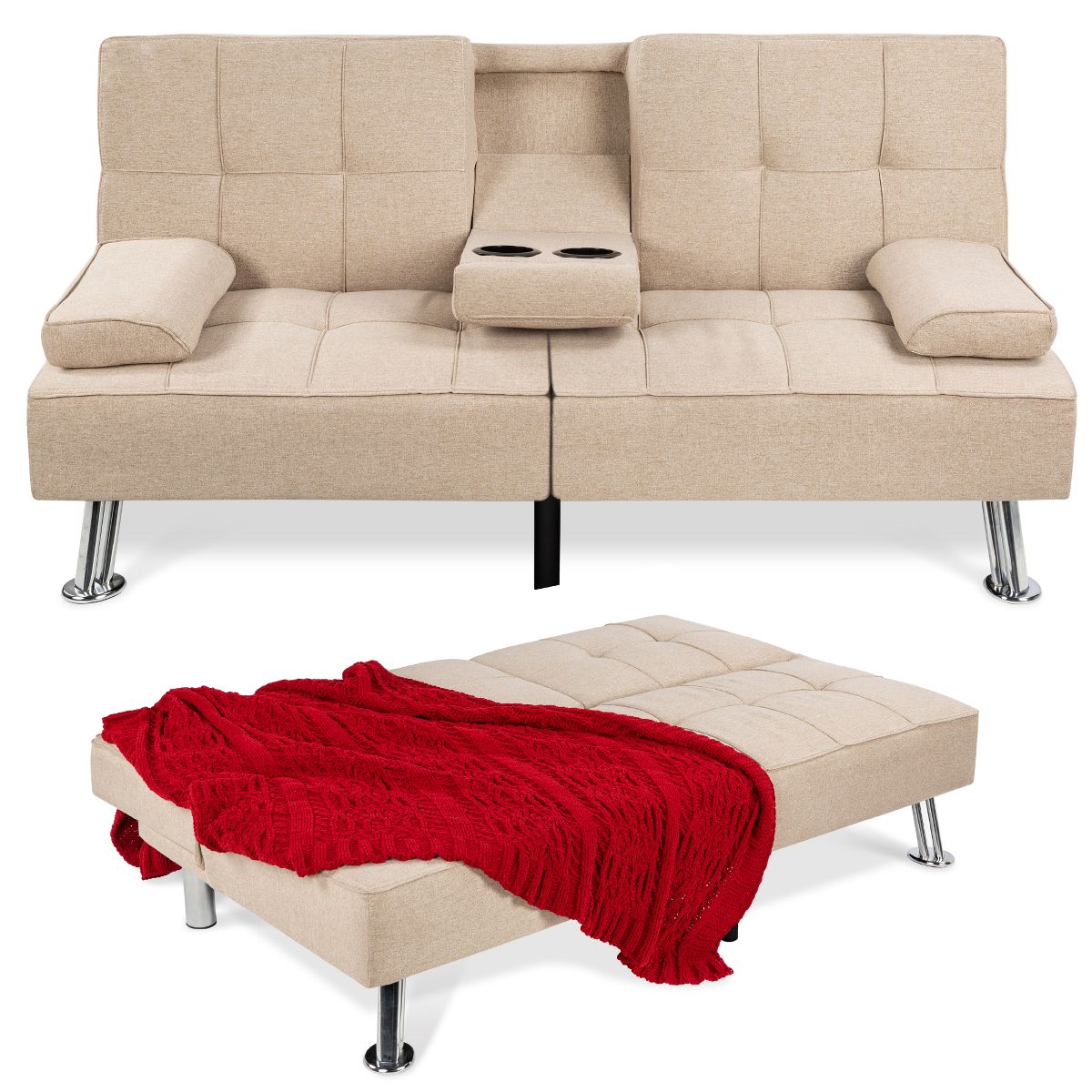 Best Choice Products Modern Linen Convertible Futon Sofa Bed w/ Removable Armrests, Metal Legs, Cupholders - Beige - thumbnail 9