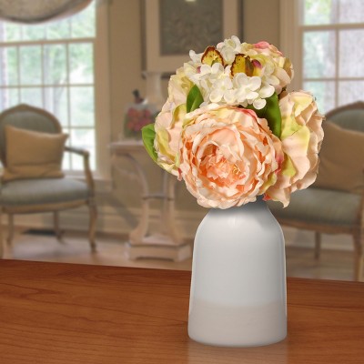 14" Pink Silk Hydrangea, Rose and Dahlia Floral Arrangement