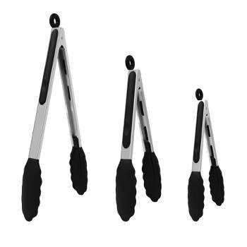 Unique Bargains Kitchen Stainless Steel Cooking Set Silicone Tongs Black 7"&9"&12" 3 Pcs