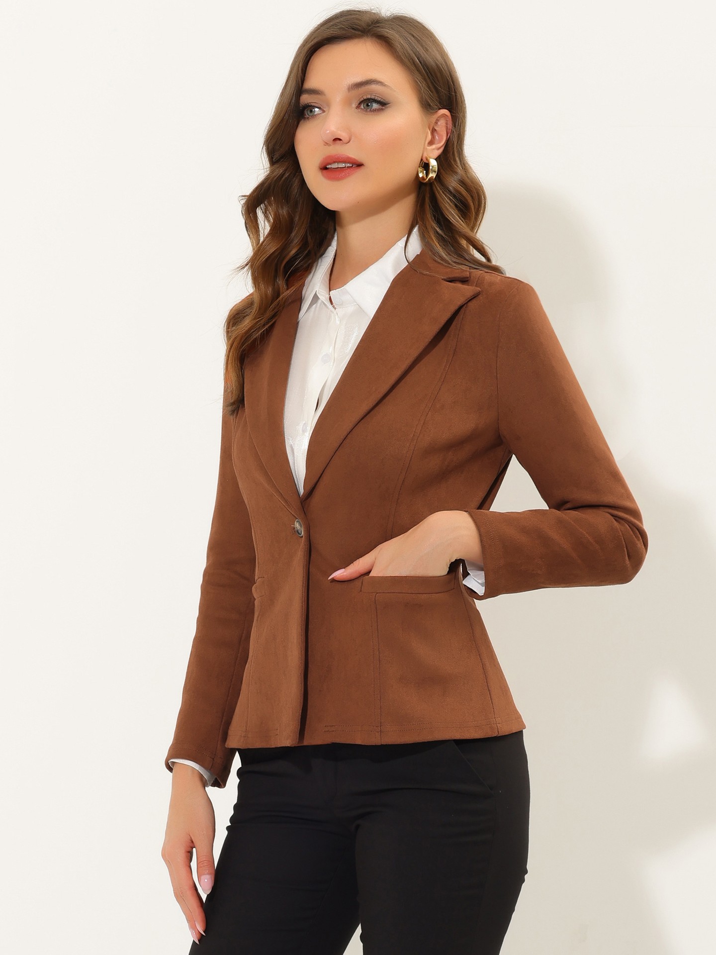 Женский пиджак INSPIRE CHIC Lapel Collar Long Sleeve Faux Suede Work Office Blazer Medium Caramel — фото 5
