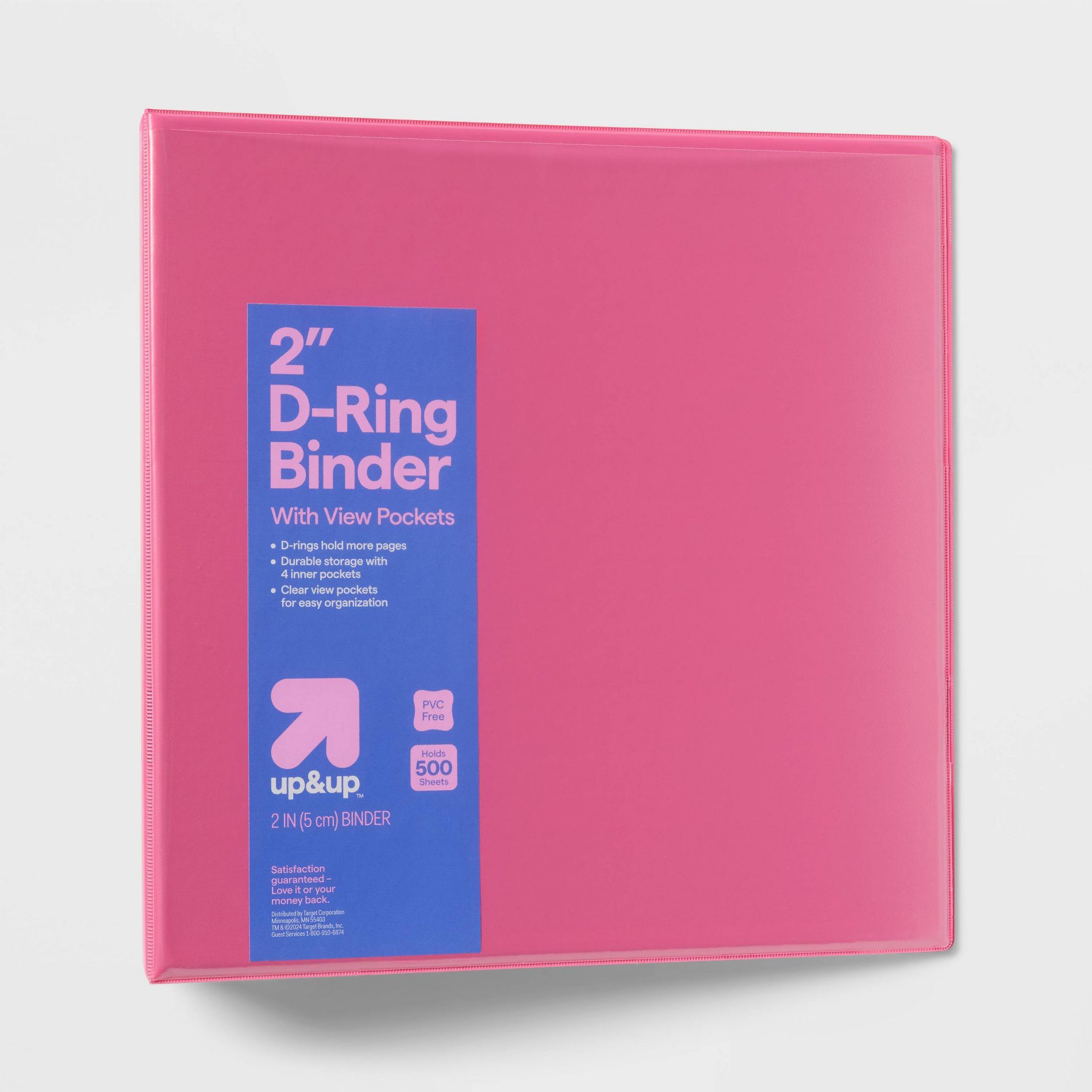 2" 3 Ring Binder Clear View Pink - up&up™: 500 Sheet Capacity, D Rings, Internal Pockets, Cardboard & Polypropylene