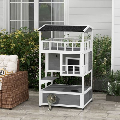 LAOTIES Wooden Outdoor Cat House for Indoor And Outdoor Cats,Multi Level Cat Condo Shelter with Escape Doors,Jump Platforms,Asphalt Roof