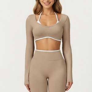 Anna-Kaci Active Women's Long Sleeve Crop Top with Contrast Trim and Scoop Neckline - 1 of 4